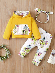 Girls Casual Floral Print Outfit Hoodie & Pants & Headwear Set