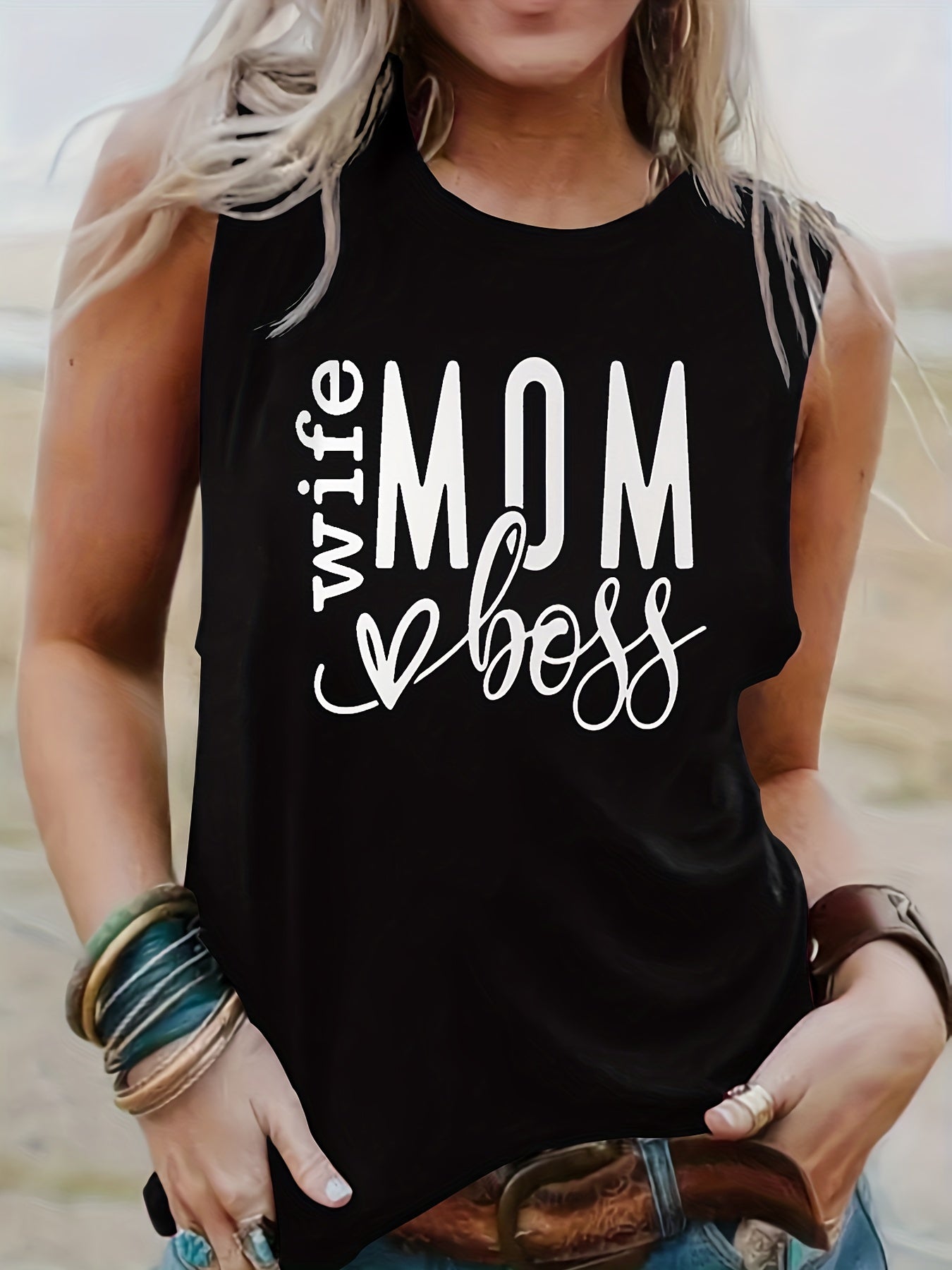 Mom Letter Print Tank Top Crew Neck Sleeveless Summer Top