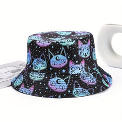Halloween Cat Print Bucket Hat Unisex Fisherman Cap