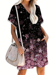 Floral Print Short Sleeve V Neck Dress