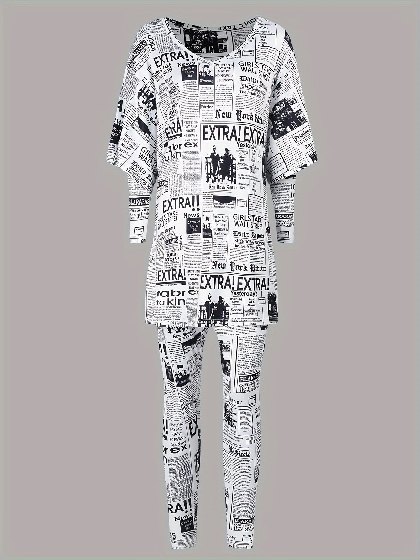 Newspaper Print Layered Top & Leggings Outfit Set