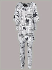 Newspaper Print Layered Top & Leggings Outfit Set