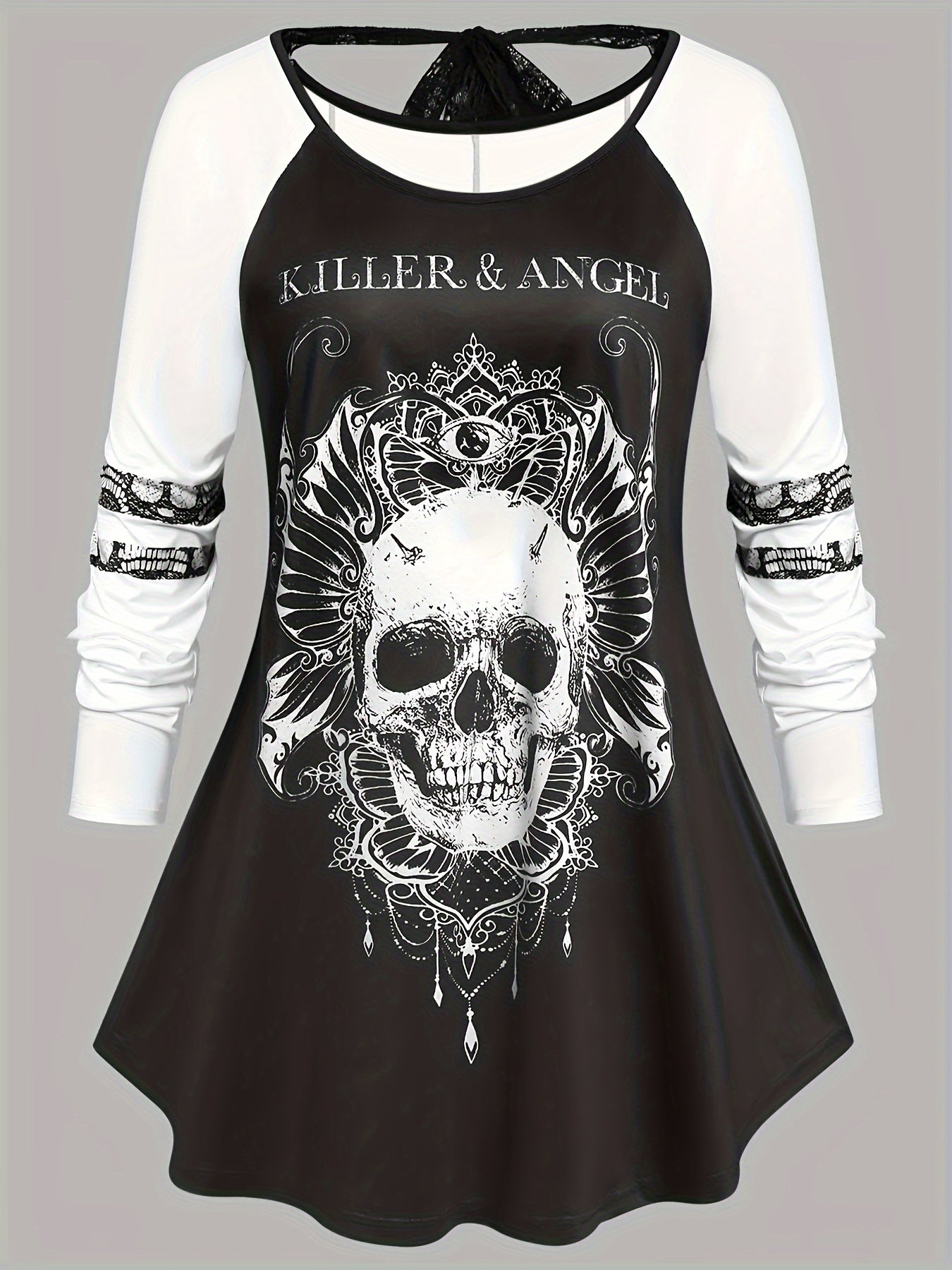 Plus Size Gothic Dress Skull & Letter Print Lace Tie Back A line Mini Dress