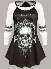 Plus Size Gothic Dress Skull & Letter Print Lace Tie Back A line Mini Dress