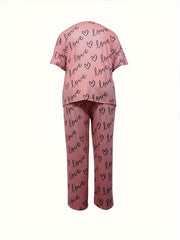 Pajama Set Women's Heart & Letter Print Tee & Pants 2 Piece