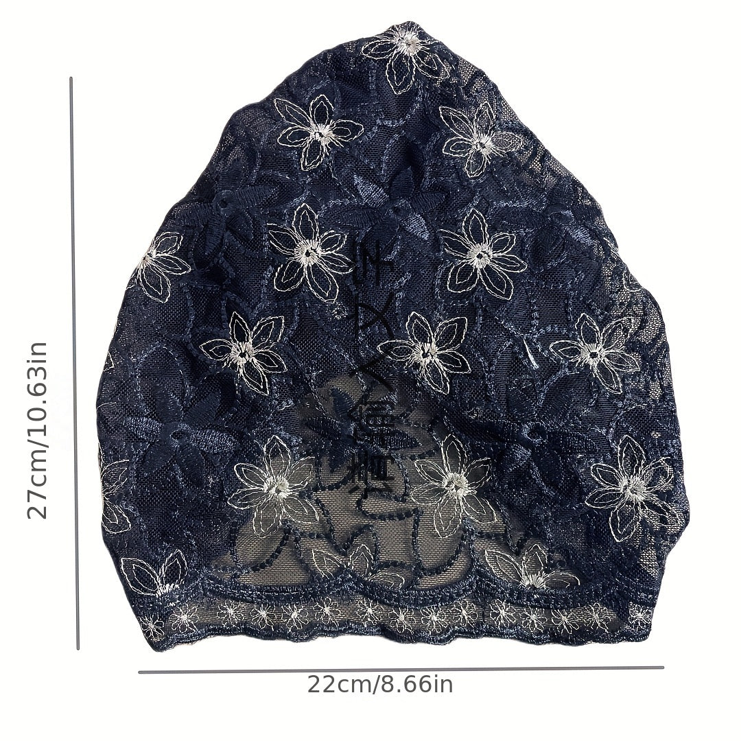Vintage Embroidery Turban Cap Mesh Lace Head Wrap Elastic Beanie Women Bonnet