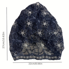 Vintage Embroidery Turban Cap Mesh Lace Head Wrap Elastic Beanie Women Bonnet