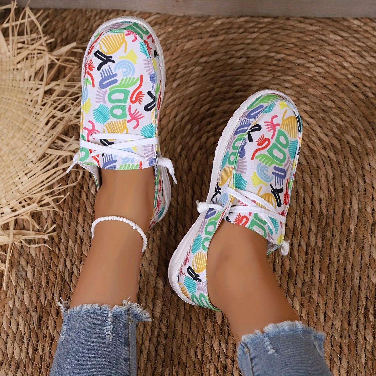 Women's Graffiti Canvas Lace-Up Sneakers Low Top Flat Shoes