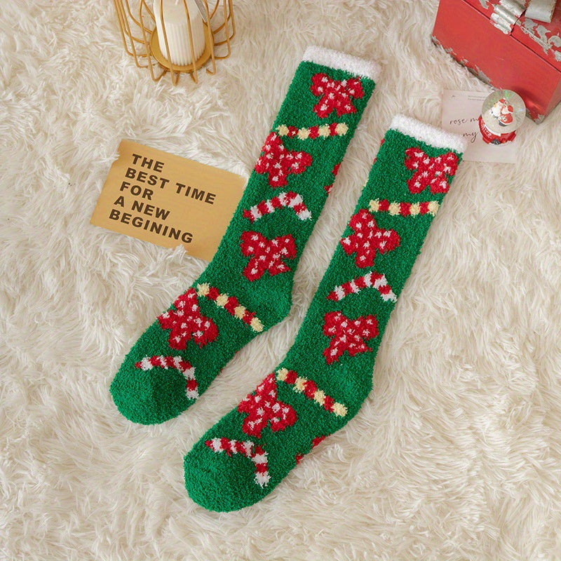 Christmas Print Calf Socks Fuzzy Knee High Socks Women's Stockings