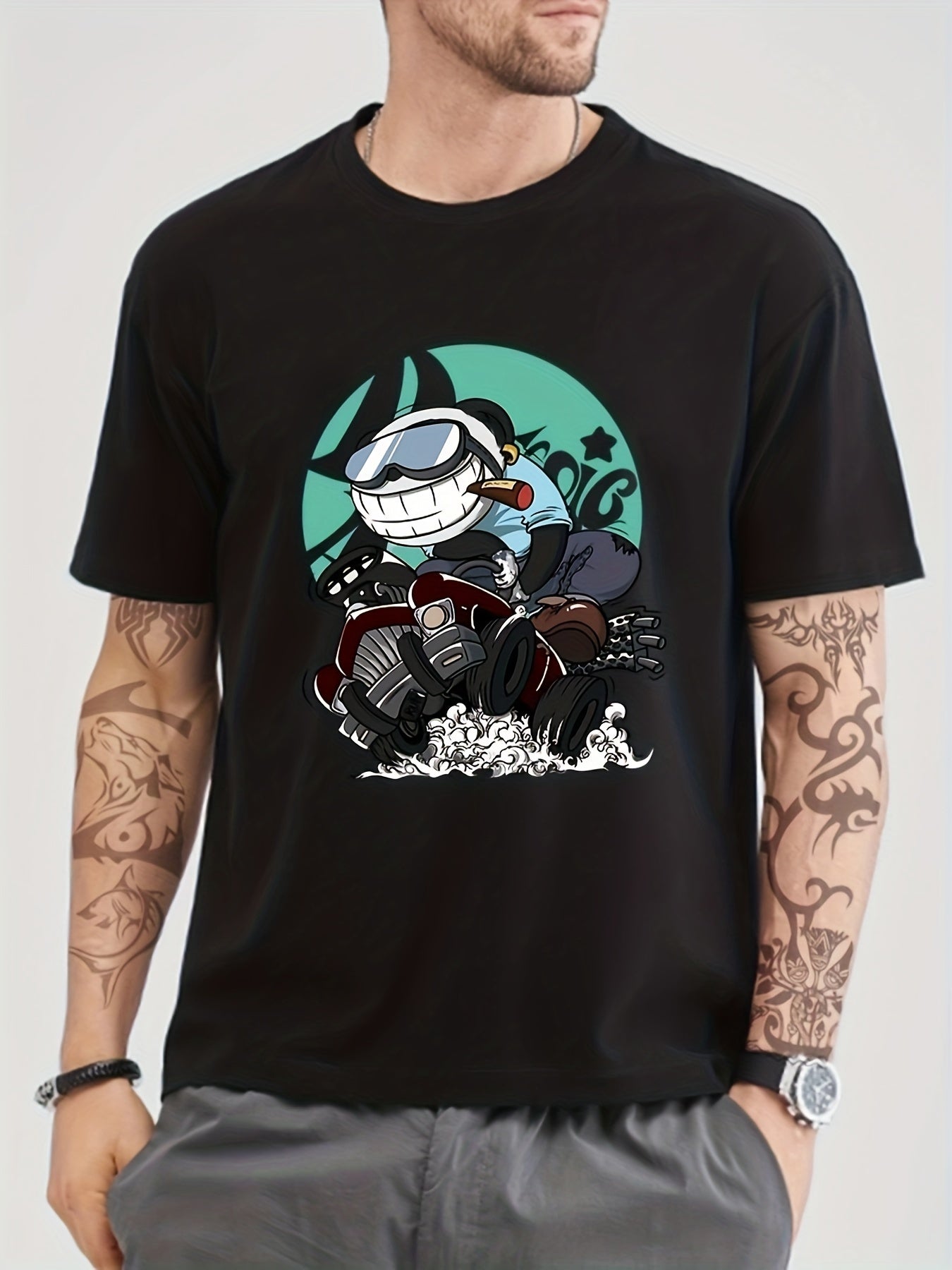 Cotton Anime Panda On Vintage Car Print Men's Graphic Crew Neck T shirt