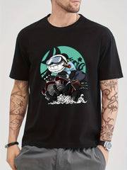 Cotton Anime Panda On Vintage Car Print Men's Graphic Crew Neck T shirt
