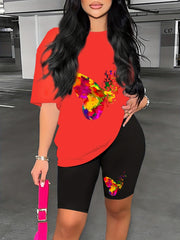 Colorblock Butterfly Print Lounge Set Short Sleeve Top & Cozy Shorts