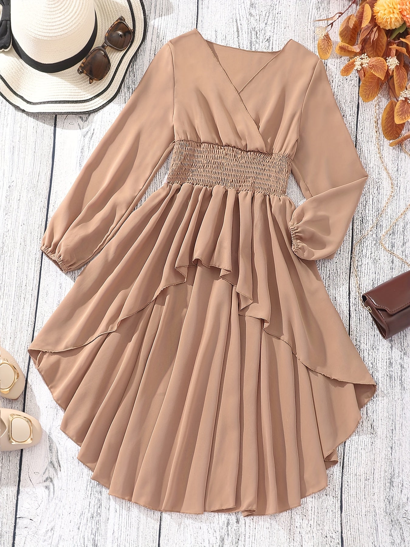 Girls V-neck High Low Long Sleeve Blouse Longline Peplum Top