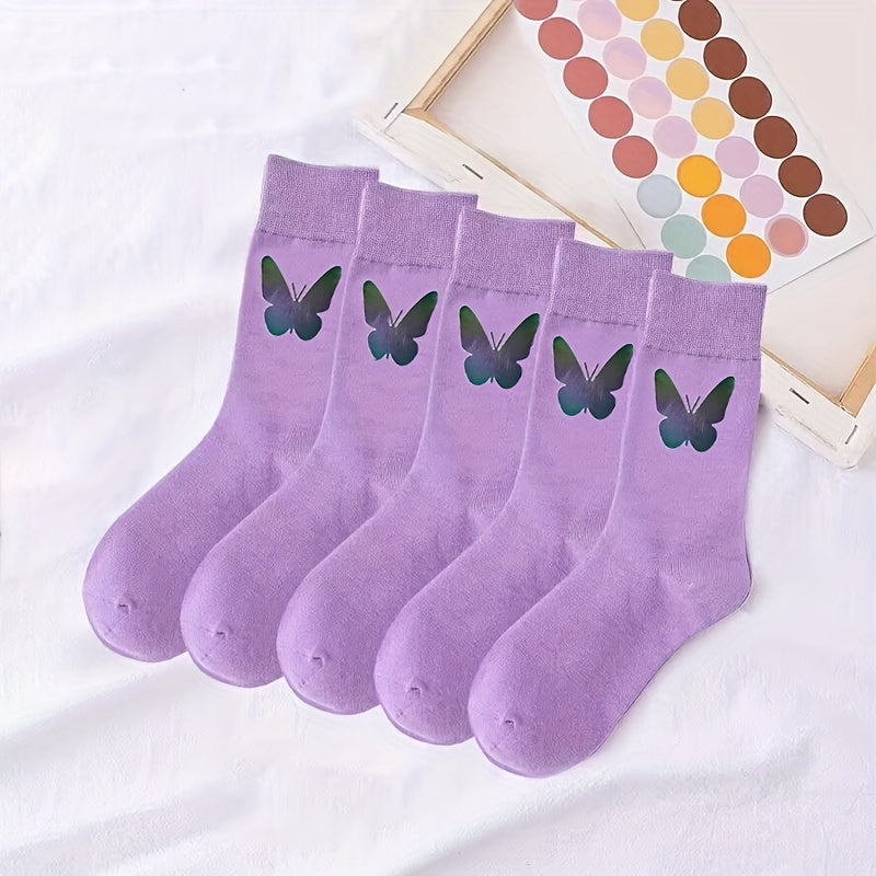 5 Pairs Butterfly Print Mid Tube Socks Women's Stockings