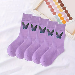 5 Pairs Butterfly Print Mid Tube Socks Women's Stockings