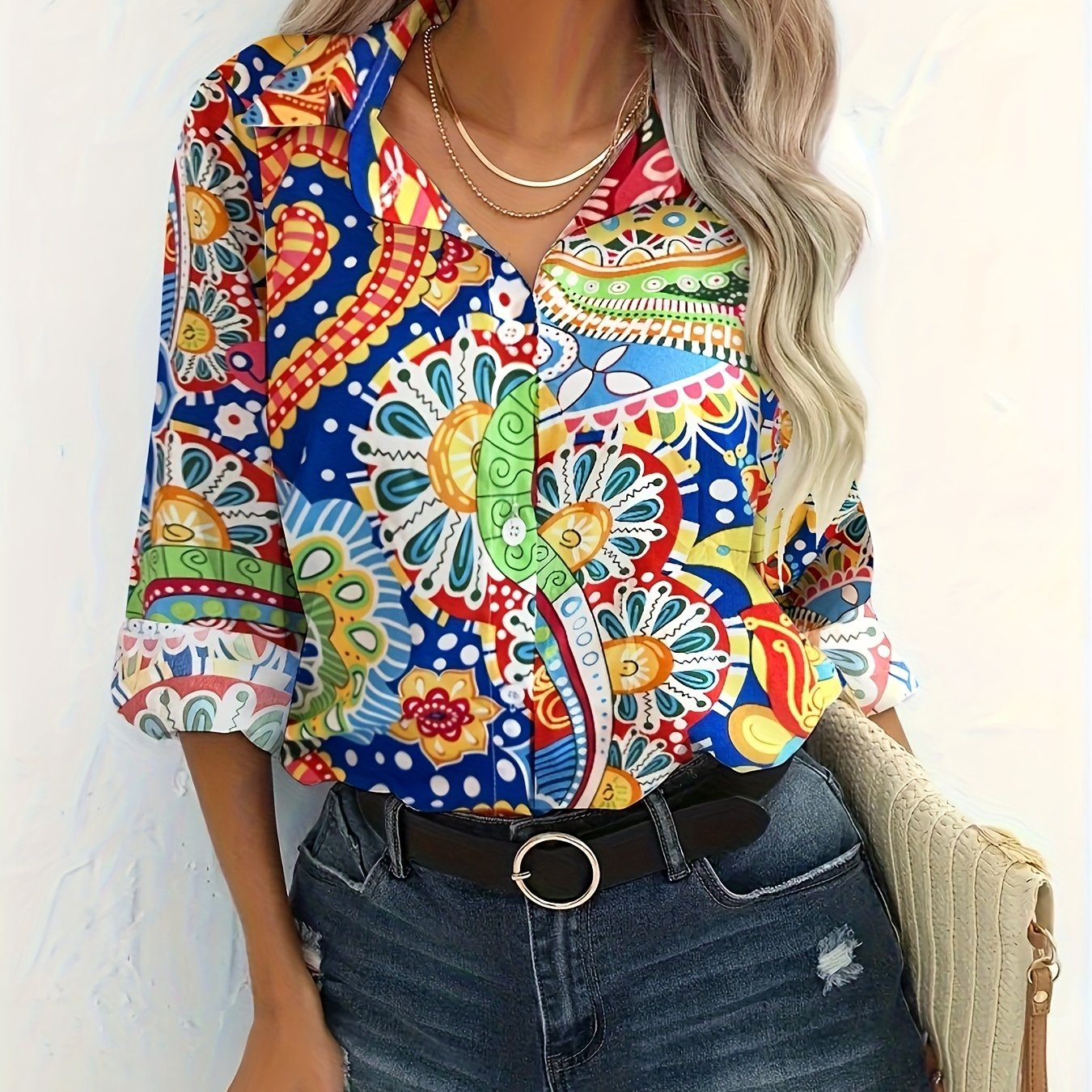 Boho Blouse Women's Floral Print Button Up Long Sleeve