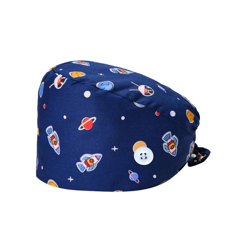 Cartoon Print Work Hat Adjustable Nurse Hat With Buttons Elastic Scrub Cap
