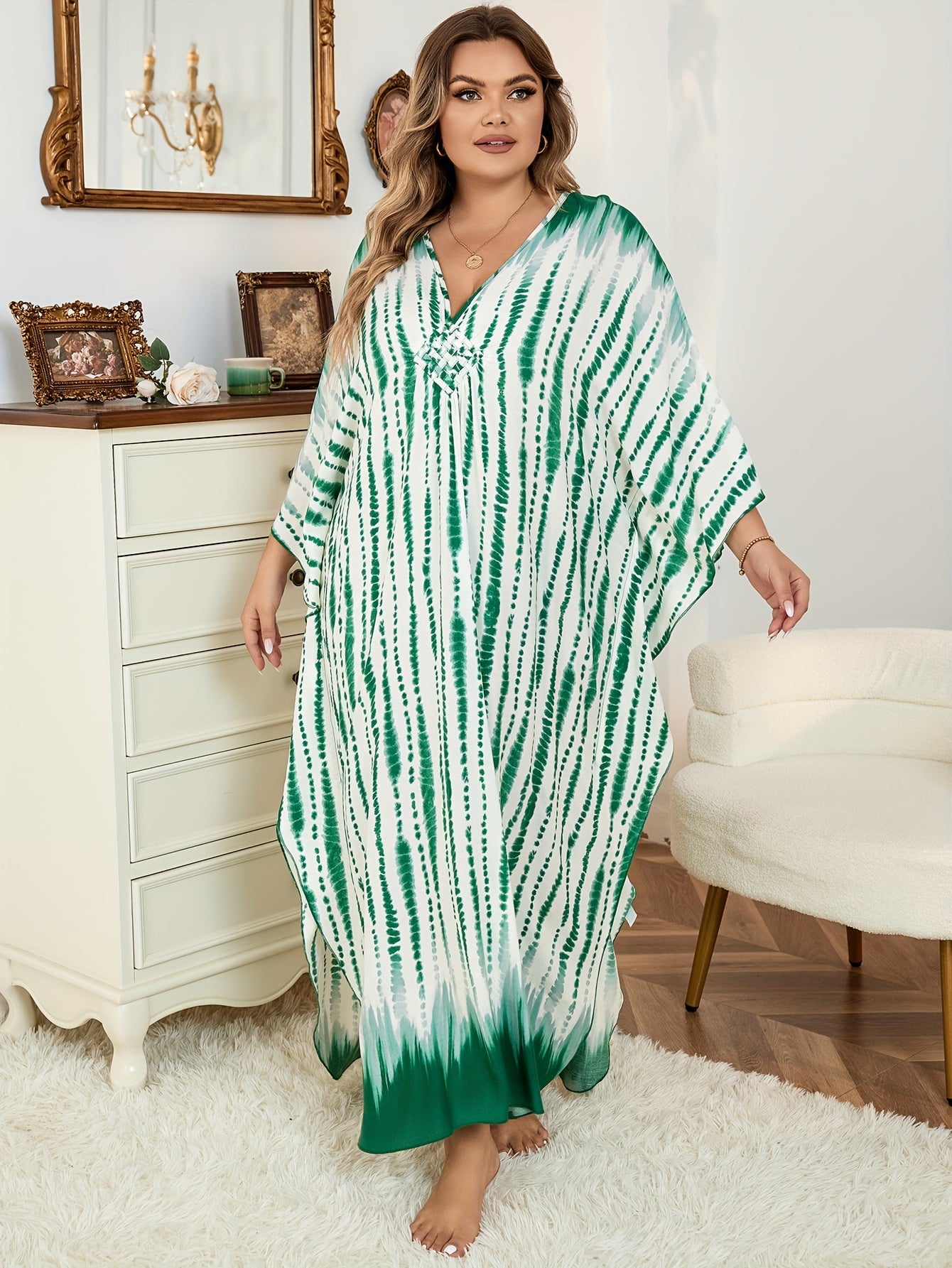 Boho Cover Up Tie Dye Striped Batwing Sleeve V Neck