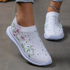 Women's Rhinestone Floral Printed Low Round Toe Sneakers