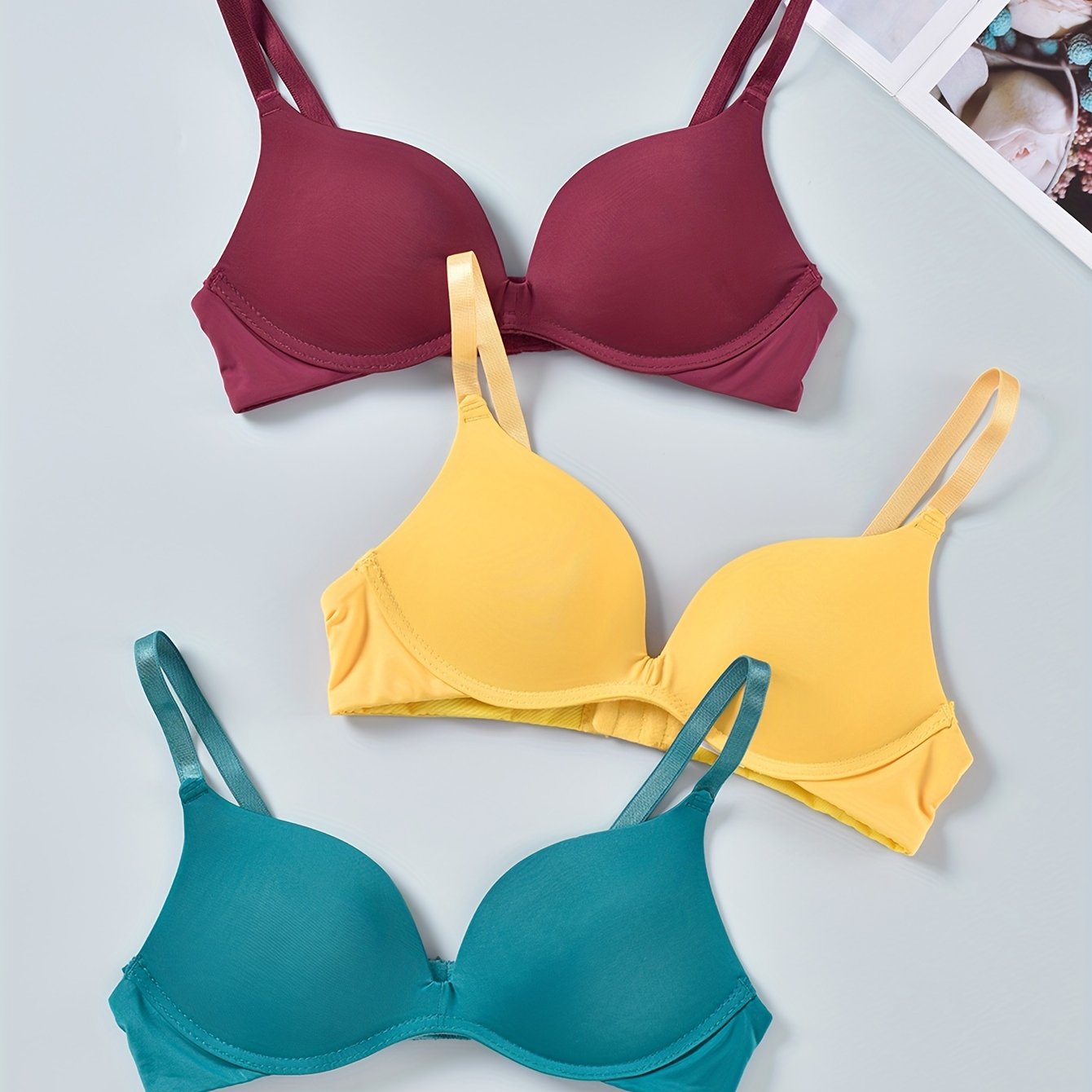 3pcs Solid T-Shirt Bras Comfy & Breathable Push-Up Bra Women's Lingerie