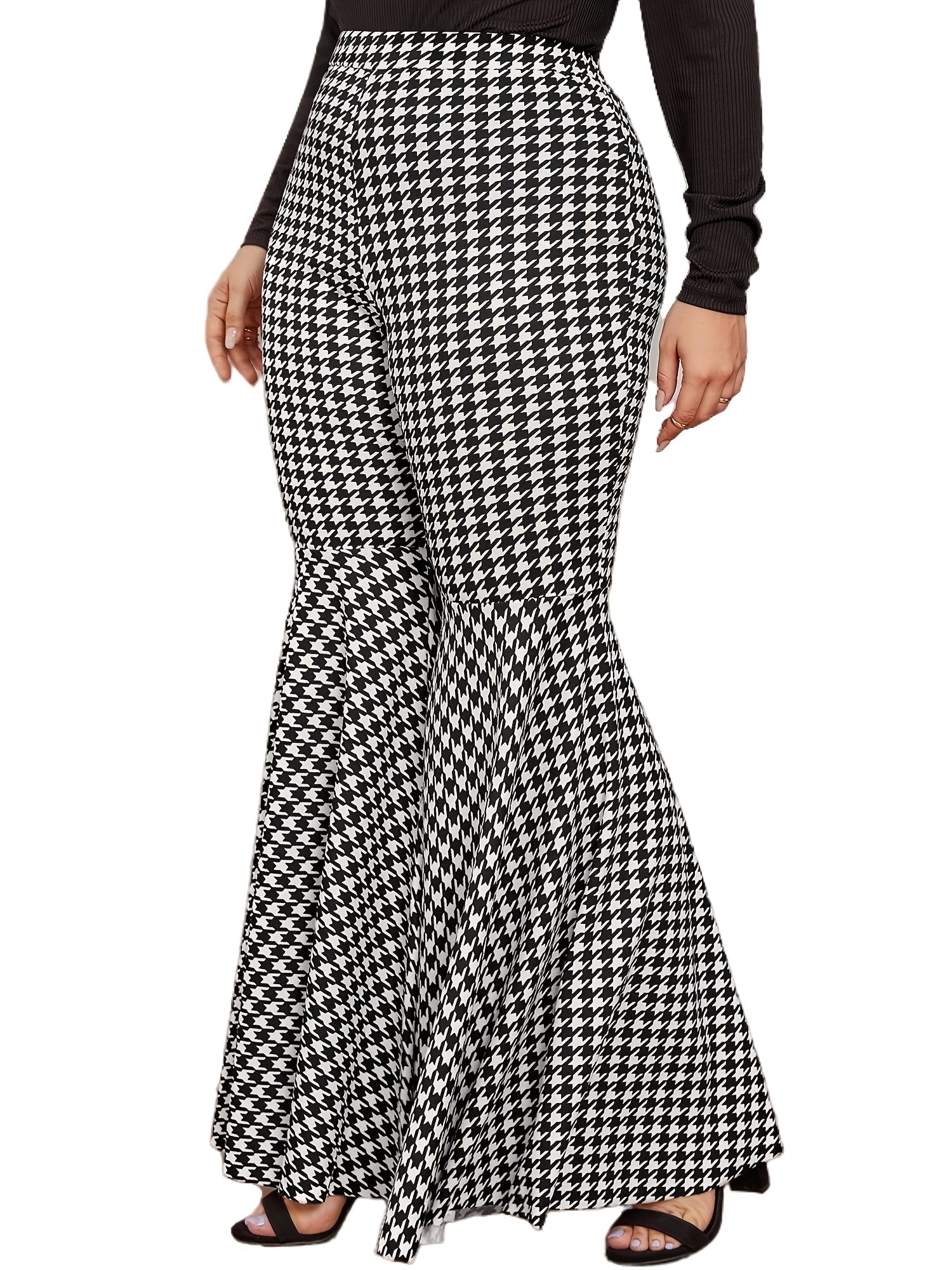 Houndstooth Flared Pants Retro High Rise Plus Women's