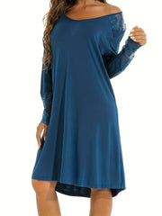 Casual Dress Women's Plus Solid Contrast Lace Long Sleeve Dress