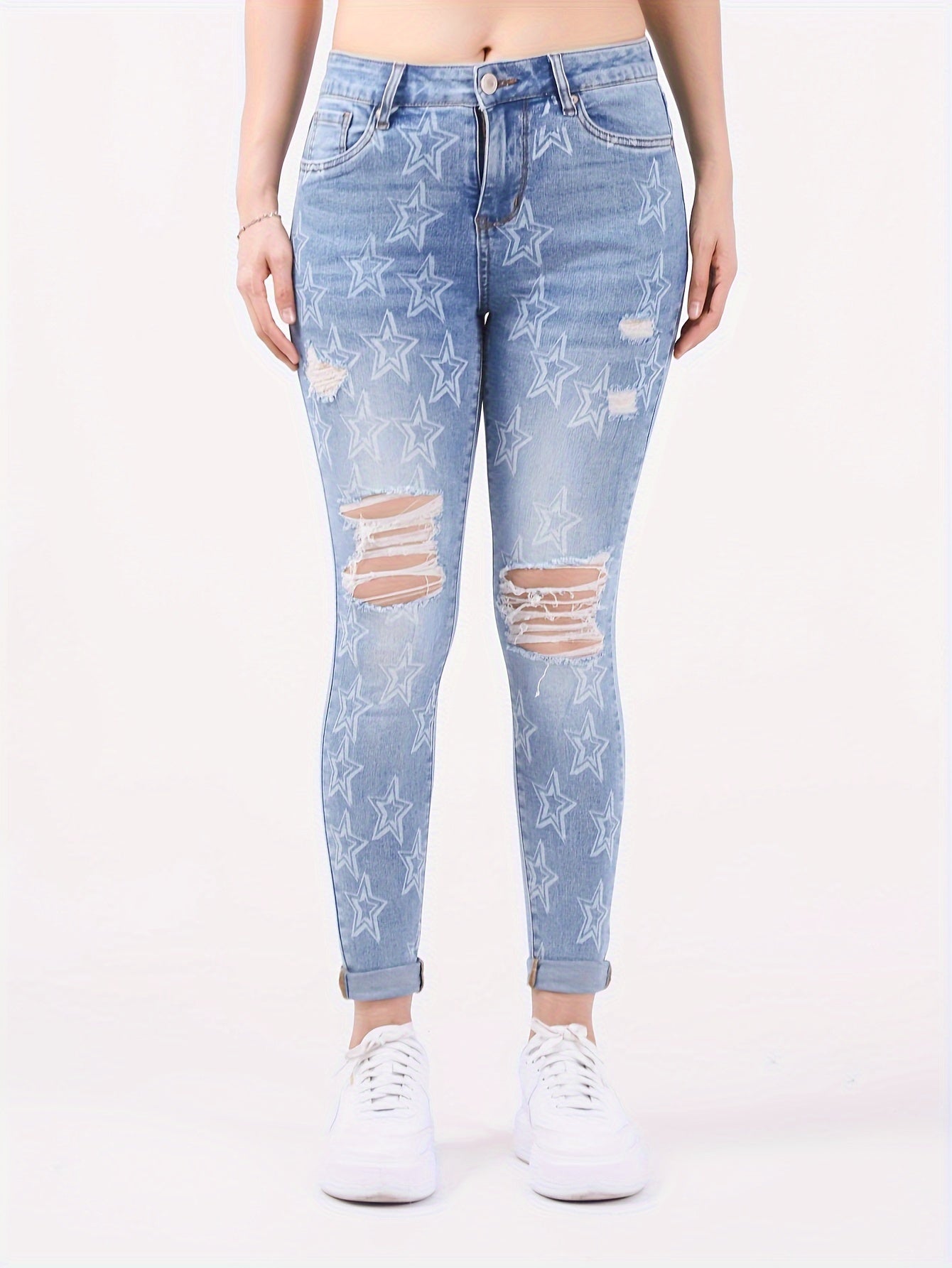 Star Print Ripped High Rise Skinny Jeans