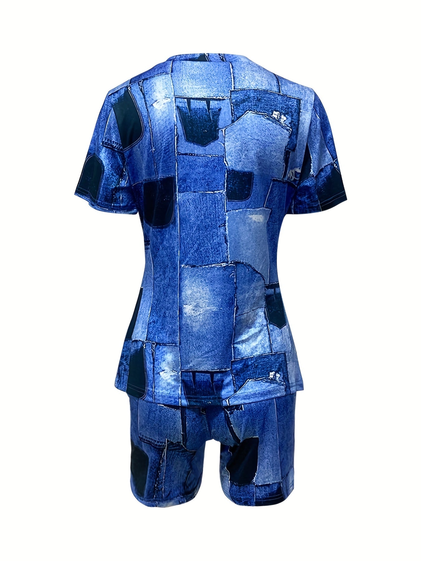 Letter Print Short Sleeve T shirt & Patchwork Shorts Set