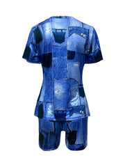 Letter Print Short Sleeve T shirt & Patchwork Shorts Set