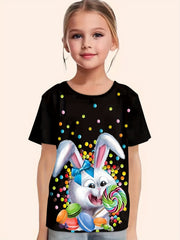 Bunny Graphic Short Sleeve T-shirt for Girls - Easter Summer Clothes