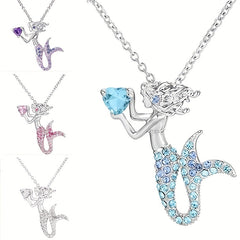 Mermaid Pendant Necklace With Rhinestone Inlay for Kids