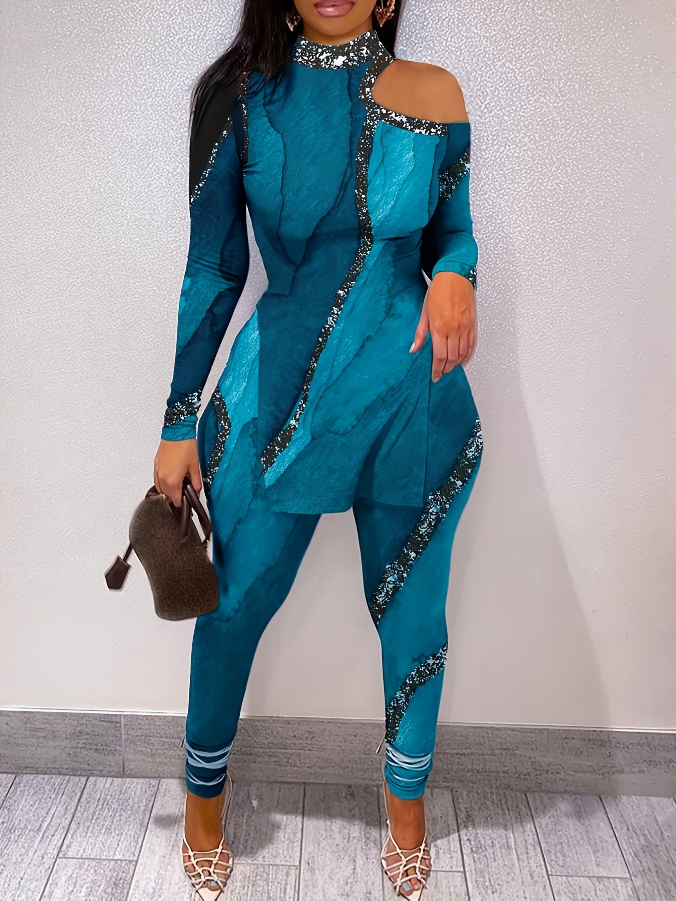 Marble Print Casual Two piece Set Cold Shoulder Split Tops & Long Length Pants