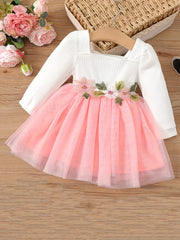 Infant Baby Girls Square Neck Long Sleeve Flower Mesh Dress