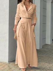 Casual Two Piece Set Long Sleeve Blouse & Wide Leg Pants Outfit