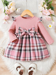 Baby Girls Bow Long Sleeve Plaid Dress Knitted Top Pleated Skirt