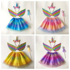 Girls' Rainbow Cartoon Headband Wings Star Wand 4pcs Skirt Set