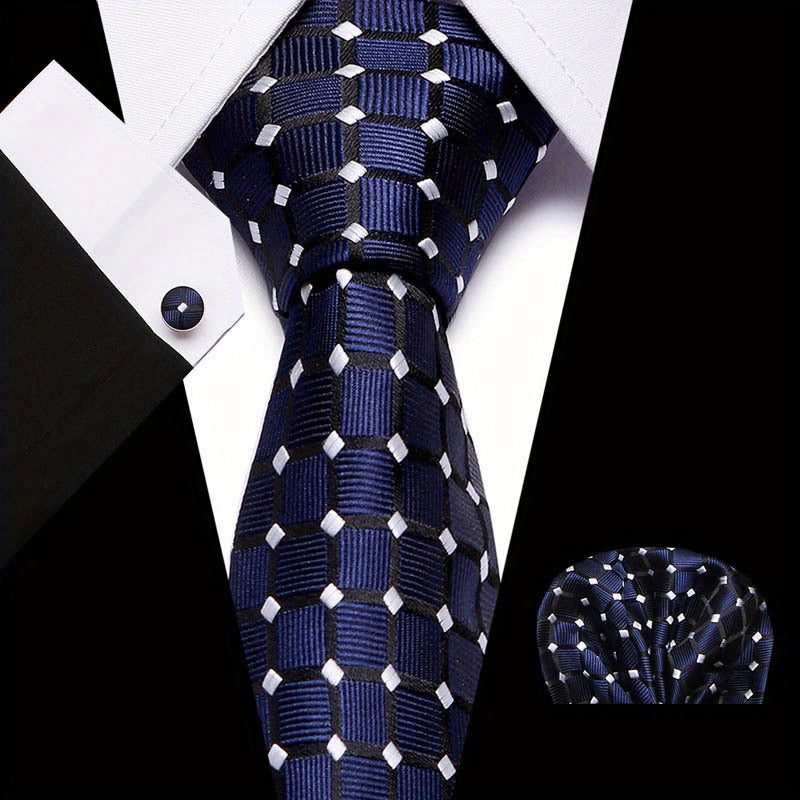 Men's Plaid Pattern Tie Pocket Scarf Cuff Set For Suits