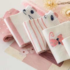 5 Pairs Kitty & Striped Boat Socks Low Cut Ankle Socks Women's Stockings