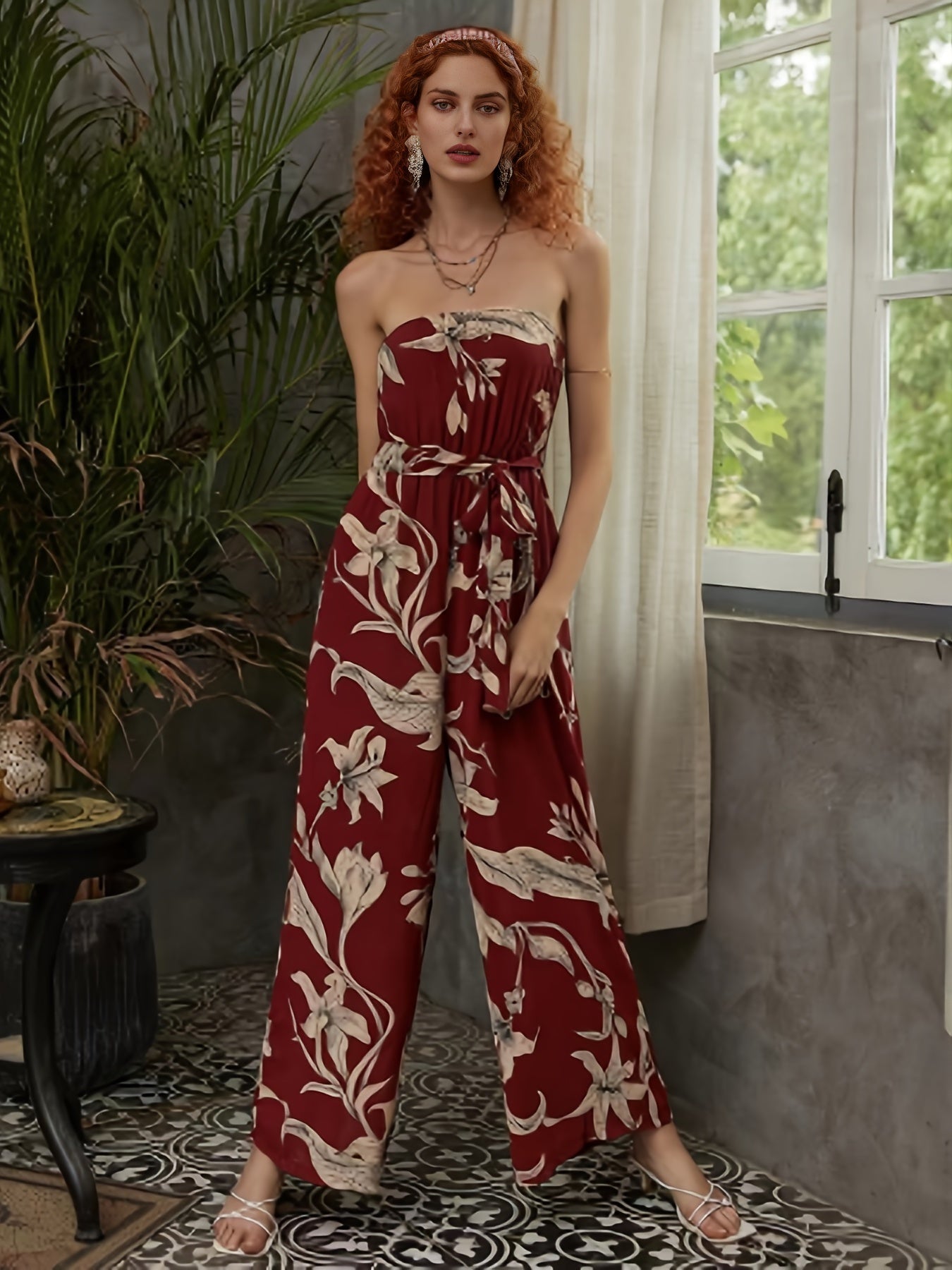 Boho Floral Strapless Jumpsuit Wide Leg Sexy Backless Jumpsuit