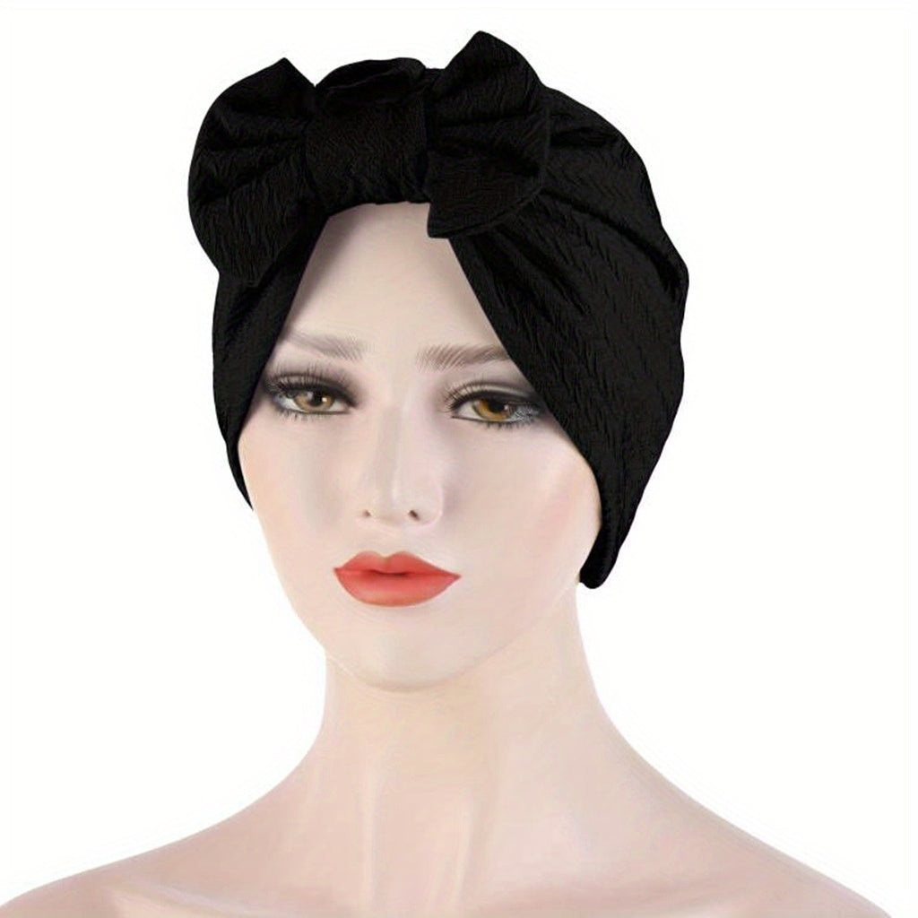 Embossed Detachable Bowknot Turban Cap Solid Ramadan Head Scarf Bonnet