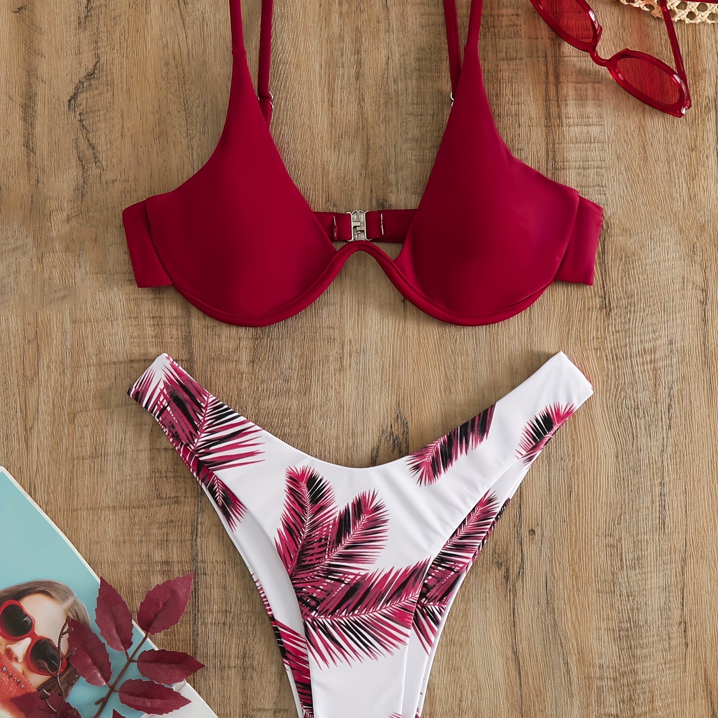 Burgundy Leaf Print Bikini Set V Neck Backless High Cut Two Piece Swimsuit