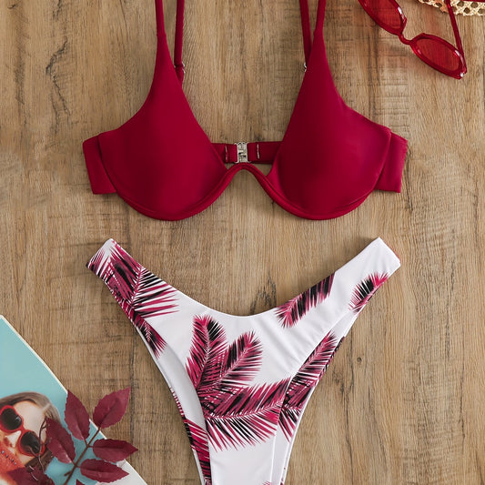 Burgundy Leaf Print Bikini Set V Neck Backless High Cut Two Piece Swimsuit