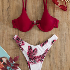 Burgundy Leaf Print Bikini Set V Neck Backless High Cut Two Piece Swimsuit
