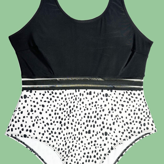 Colorblock Dalmatian Print Mesh One Piece Swimsuit