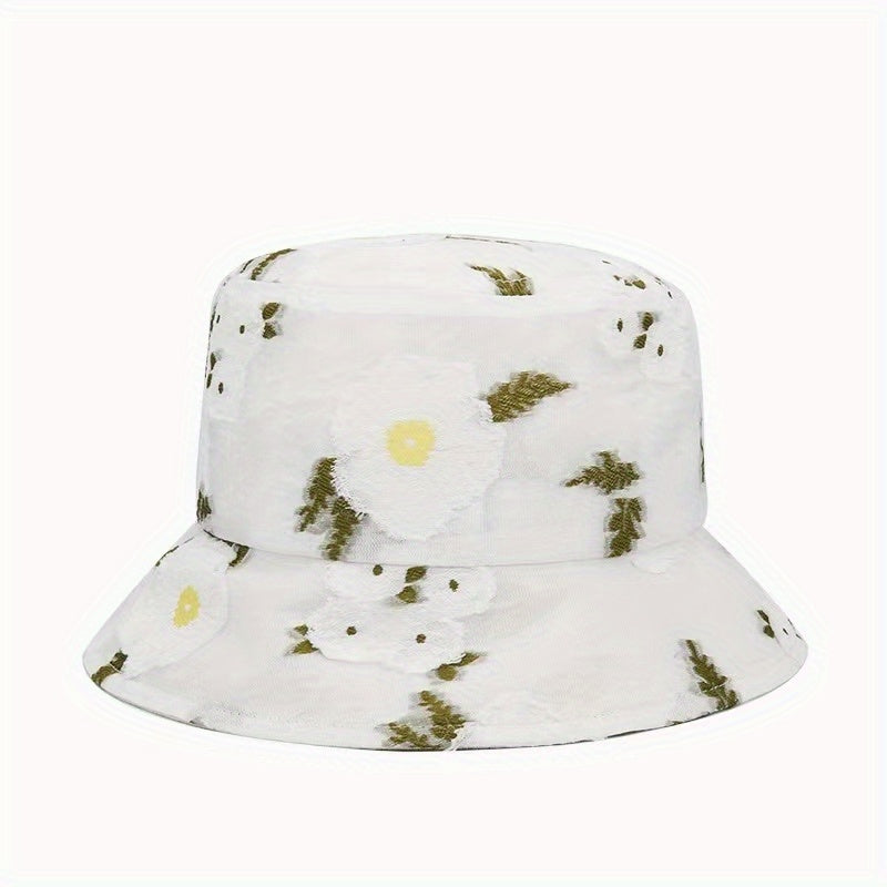 Flower Print Mesh Bucket Hat Thin Embroidery Basin Hat Sunscreen Fisherman Cap