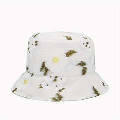 Flower Print Mesh Bucket Hat Thin Embroidery Basin Hat Sunscreen Fisherman Cap