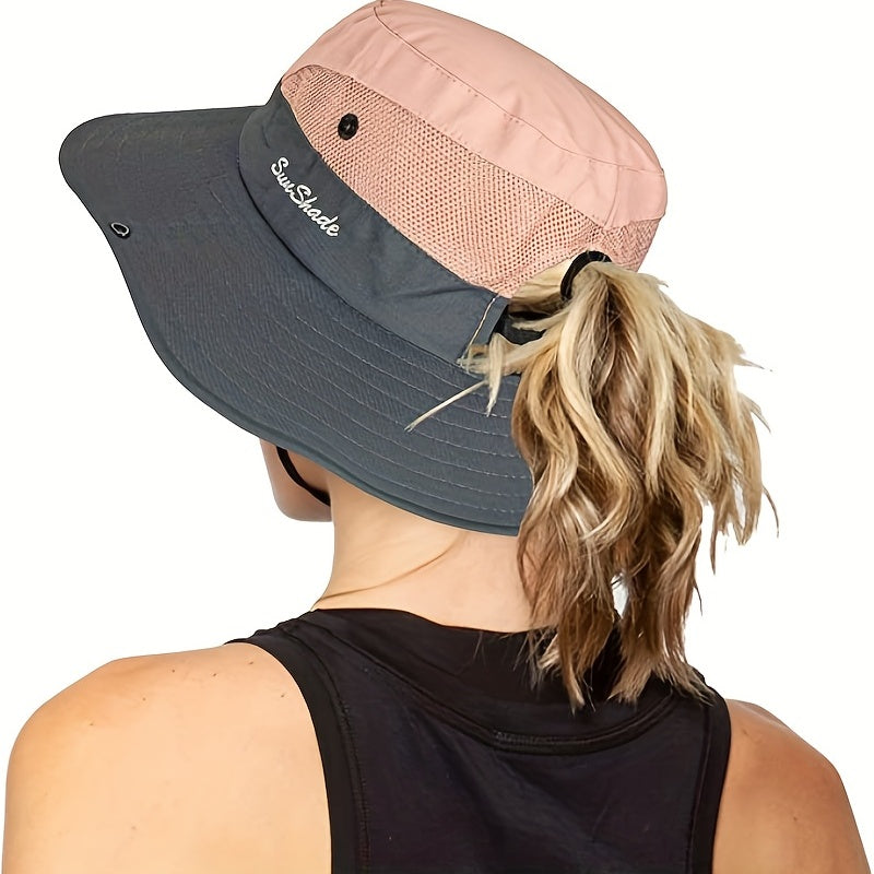 Quick Drying Ponytail Sun Hat Wide Brim Boonie Hat UV Protection Bucket Hat