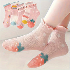 5 Pairs Girl's Cartoon Knitted Crew Socks, Comfy Breathable Soft Outdoor Wear