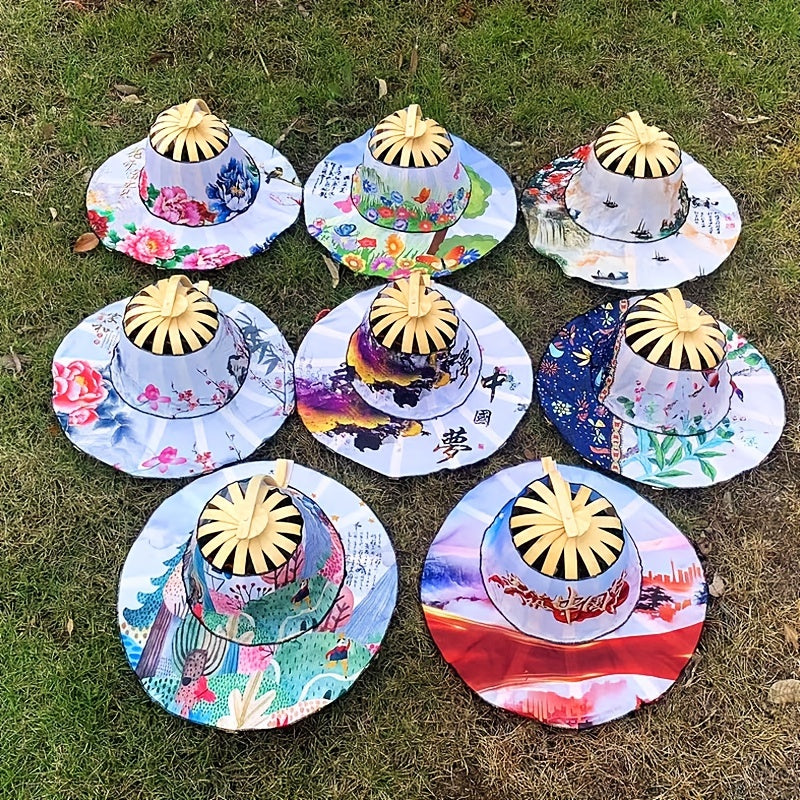 Vintage Flower Print Foldable Sun Hat with Bamboo Fan