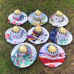 Vintage Flower Print Foldable Sun Hat with Bamboo Fan